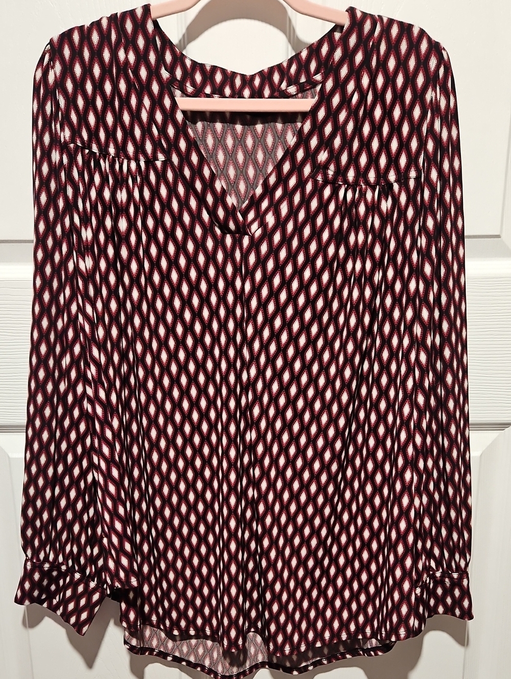 Lane Bryant Burgundy and White Geometric V-Neck Blouse
